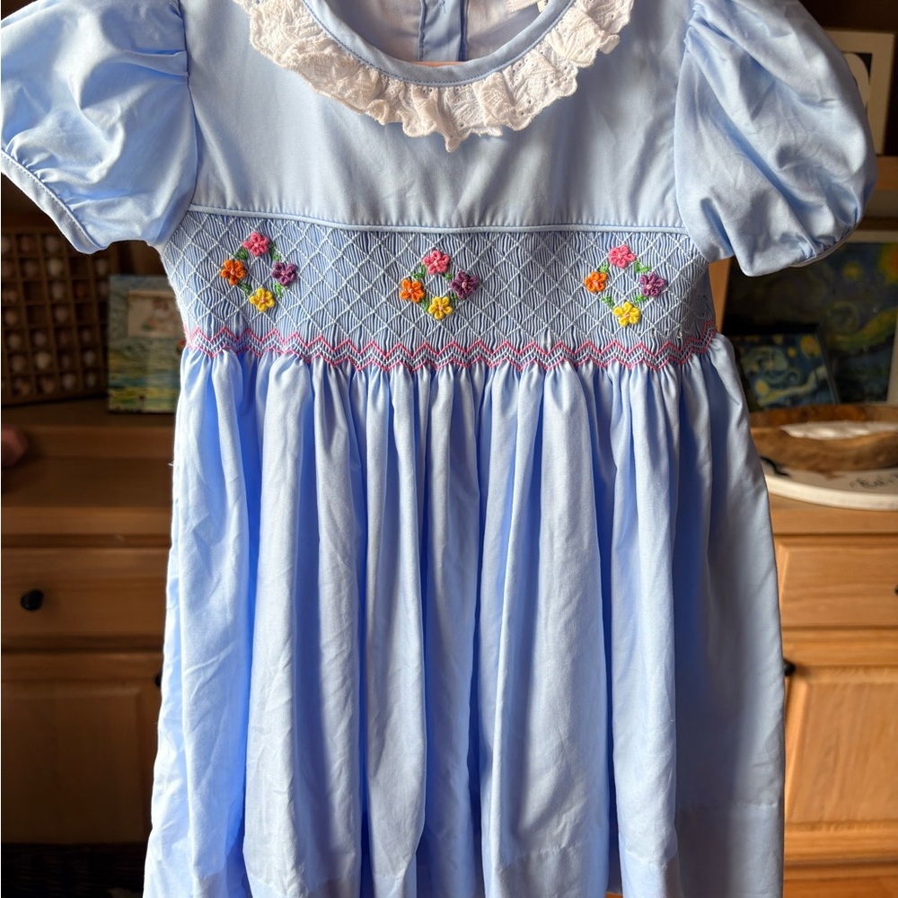 Light Blue Girls' Smocked Dress with Floral Embroidery